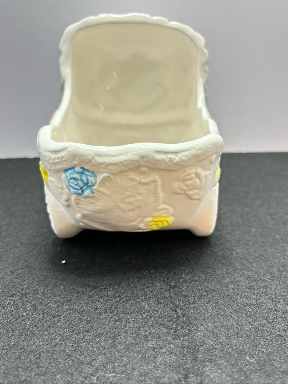 Glossy Ceramic Baby Carriage Planter in White with Pink, Blue & Yellow Accents